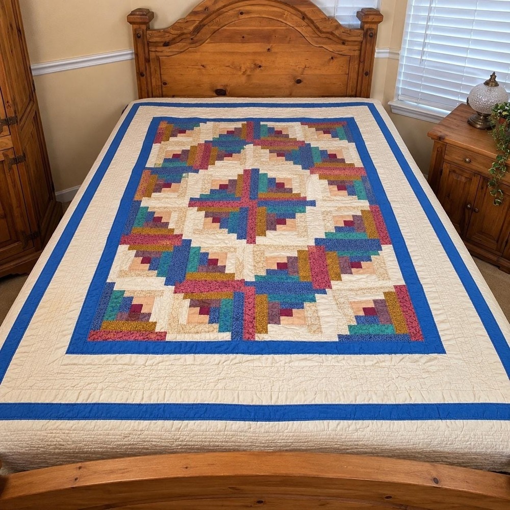 Antique 1930s Log Cabin Quilt Full Size Handmade Barn Raising Pieced Backing